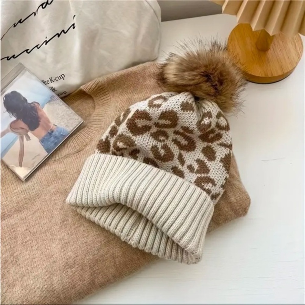 Leopard Print Knit Beanie with Faux Fur Pom Winter Hat Neutral Cozy NWT